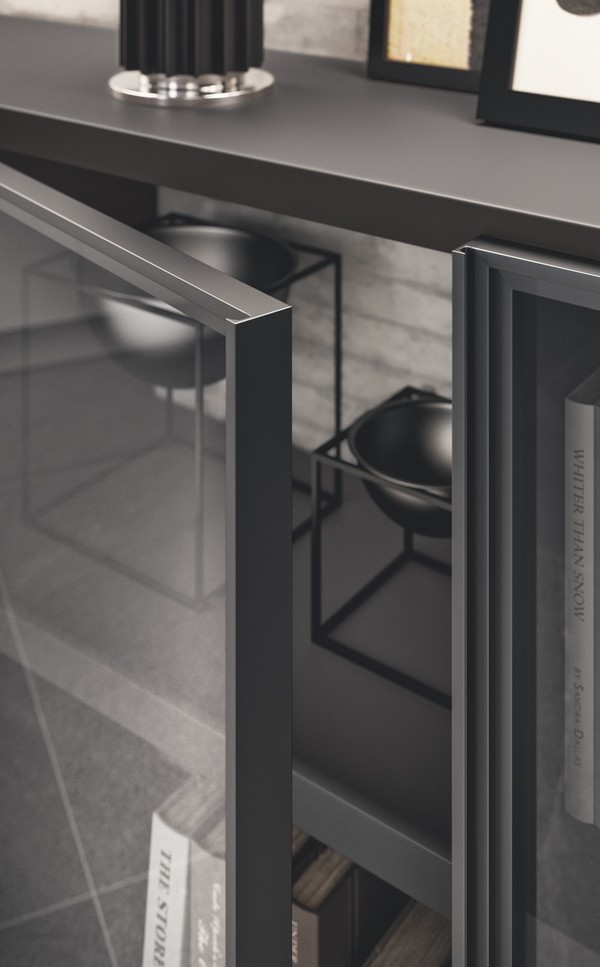 无烟煤灰色饰面框架门板，配透明烟熏色玻璃 &nbsp;