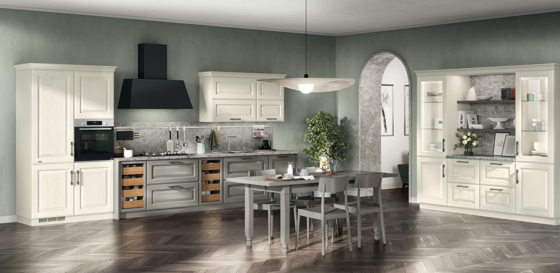 Scavolini Liberamente – Grifflose L-Küche Bianco – Graugrün und Weiß matt