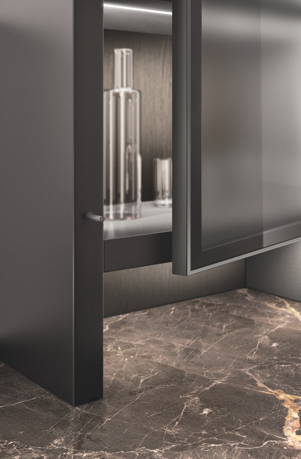 深色钢饰面铝制框架门板，配烟熏色玻璃 &nbsp;